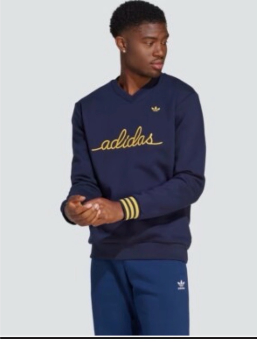 Adidas Originals Navy Blue & Gold V-Neck Embroidered Script Sweatshirt Large
